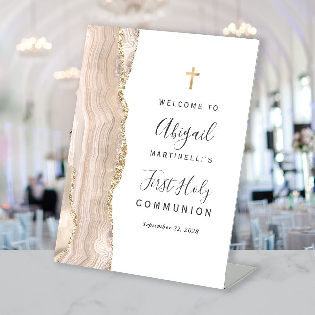 Ivory Agate Gold First Holy Communion Welcome Pedestal Sign (Creator Uploaded)