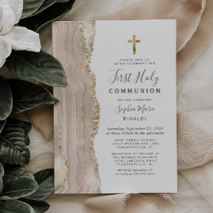 Ivory Agate Gold Glitter First Holy Communion Invitation