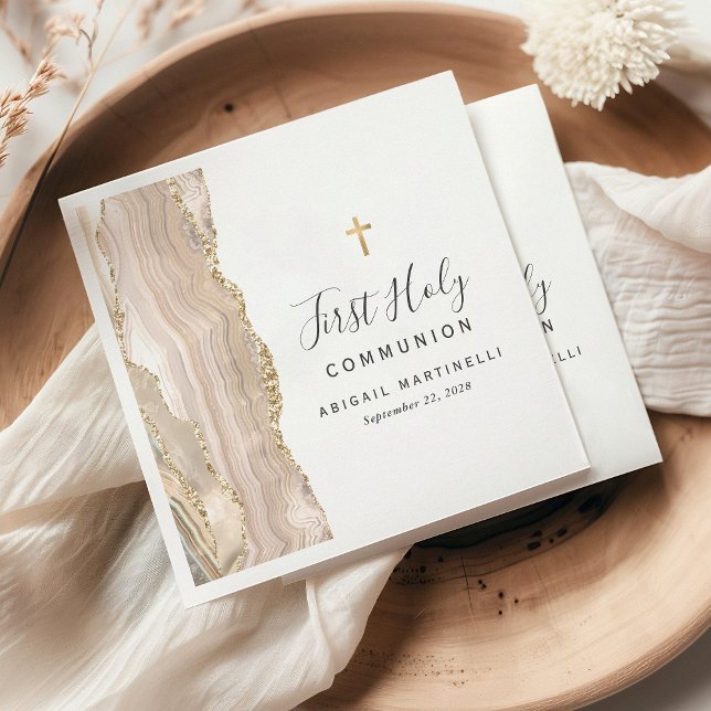 Ivory Agate Gold Glitter First Holy Communion Napkin (Creator Uploaded)