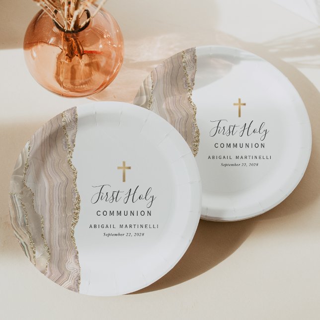 Ivory Agate Gold Glitter First Holy Communion Paper Plate (Creator Uploaded)