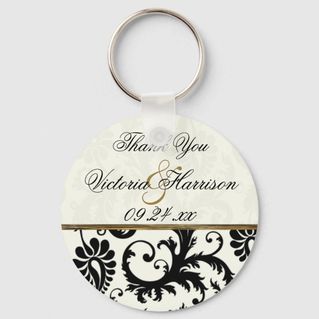 Ivory and Black Damask Wedding Favour Key Chain (Front)