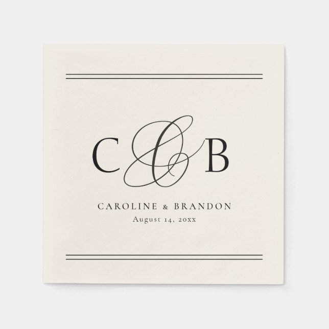 Ivory and Black Elegant Initials Monogram Wedding Napkin (Front)