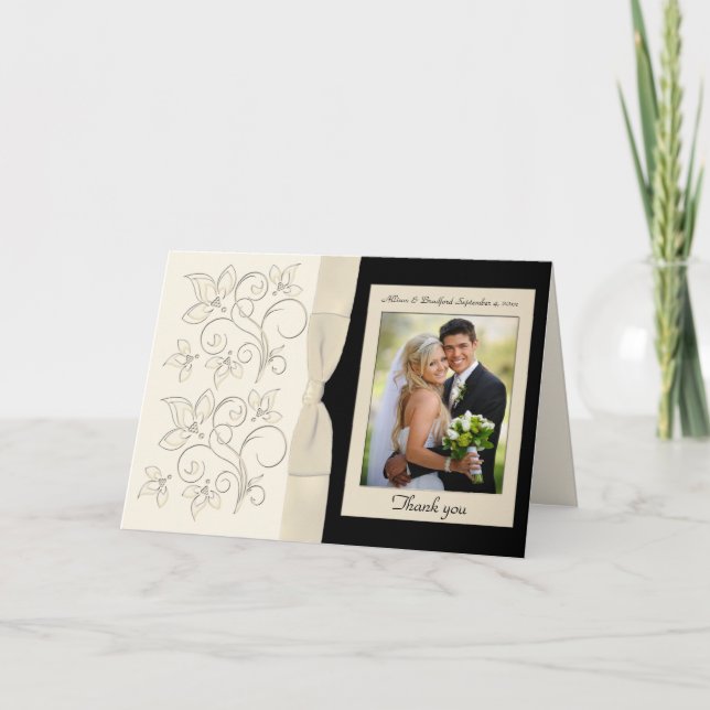 Ivory and Black Floral Thank You Card with Photo (Front)