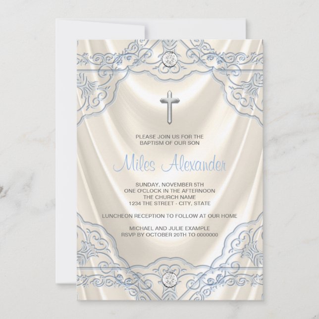 Ivory and Blue Baptism Christening Invitation (Front)
