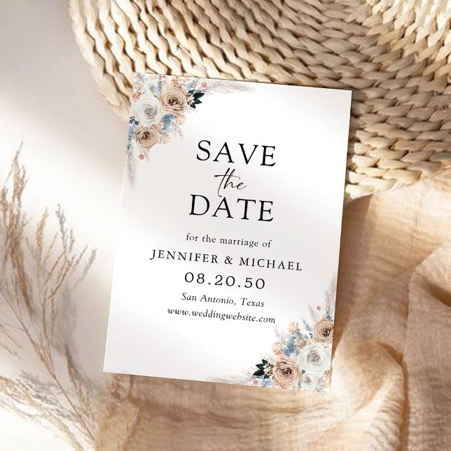 Ivory and Blue Boho Floral Save The Date Card (Creator Uploaded)
