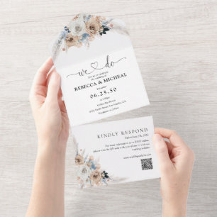 Ivory and Blue Boho Floral Wedding All In One Invitation
