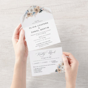 Ivory and Blue Boho Floral Wedding All In One Invitation