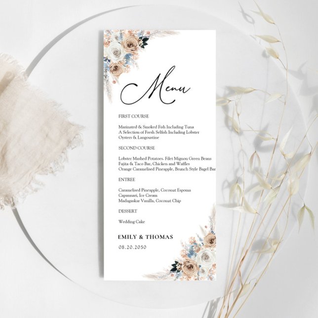 Ivory And Blue Boho Floral Wedding Ceremony Menu (Creator Uploaded)