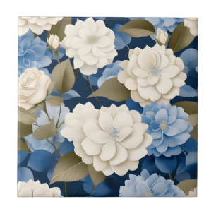 Ivory and Blue Hydrangea Floral Serenity Ceramic Tile