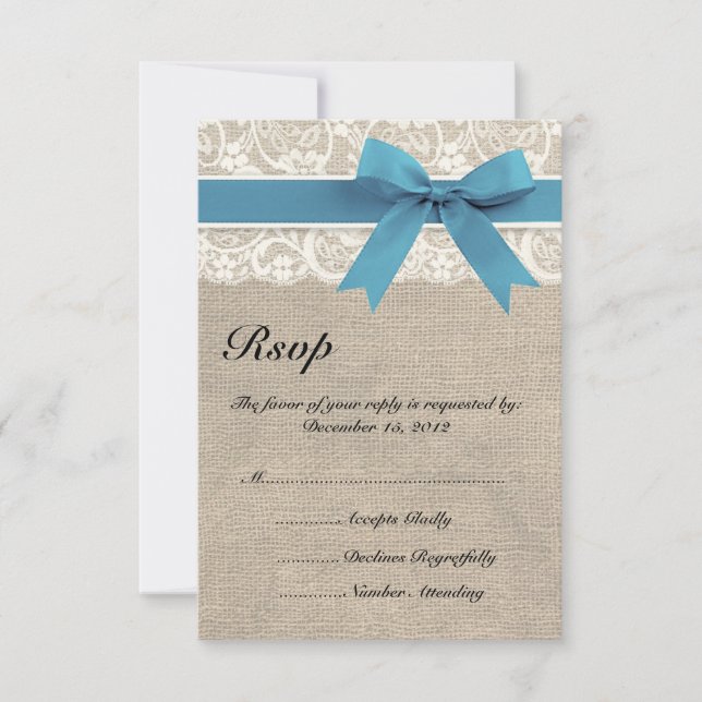 Ivory and Blue Lace and Burlap Look RSVP Card (Front)