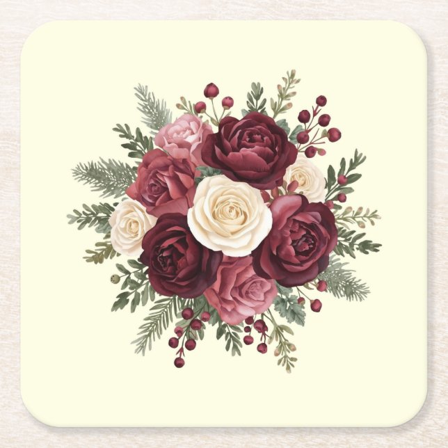 Ivory and Burgundy Floral Wedding  Square Paper Coaster (Front)