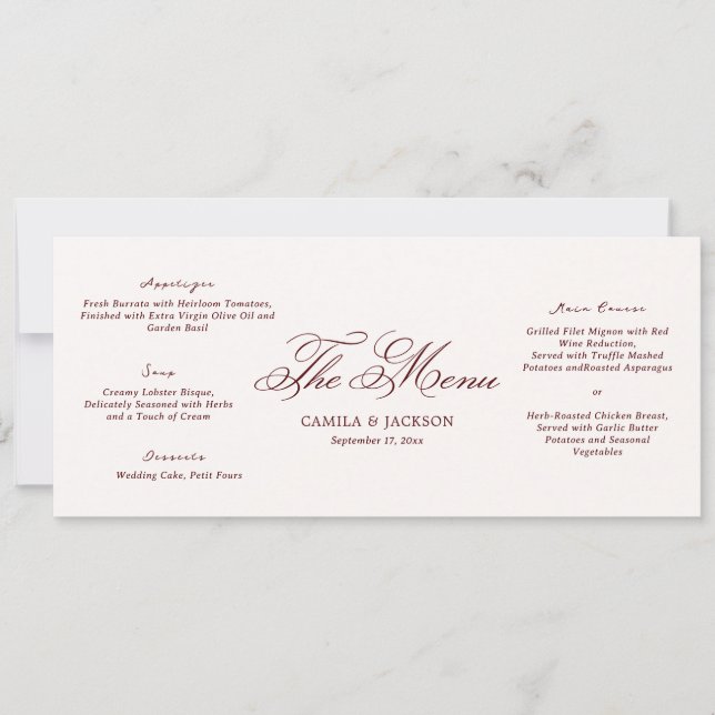 Ivory and Burgundy Wedding Menu Card (Front)