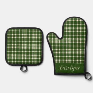 Ivory and Emerald Green Plaid Pattern Oven Mitt & Pot Holder Set