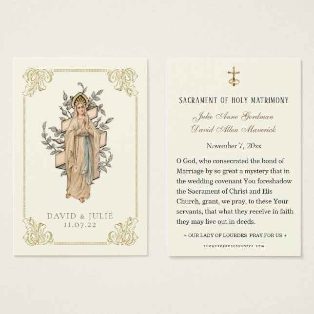 Ivory and Gold Catholic Lourdes Wedding Prayer  (Front & Back)