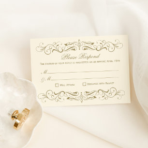 Ivory and Gold Flourish Please Respond RSVP Card