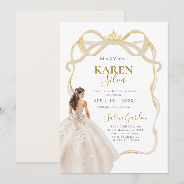 Ivory and Gold Quinceanera Invitation (Front/Back)