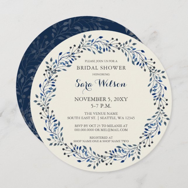 Ivory and Navy Floral Bridal Shower Invitations (Front/Back)