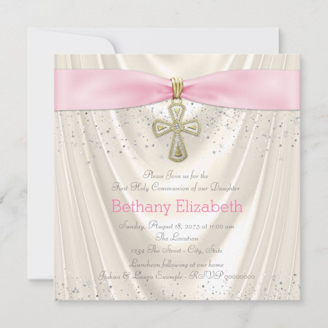 Ivory and Pink Cross First Communion Satin Glitter Invitation (Front)