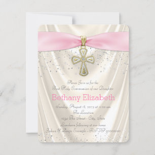 Ivory and Pink Cross First Communion Satin Invitation