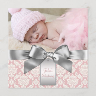 Ivory and Pink Damask Baby Girl Photo Christening Invitation