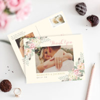 Ivory and Pink Floral Boho Wedding Photo Thank You