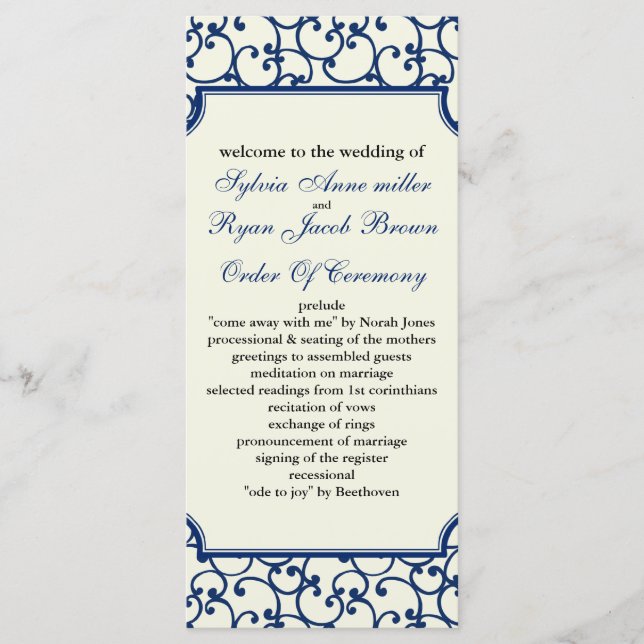 ivory and royal blue Wedding program (Front)
