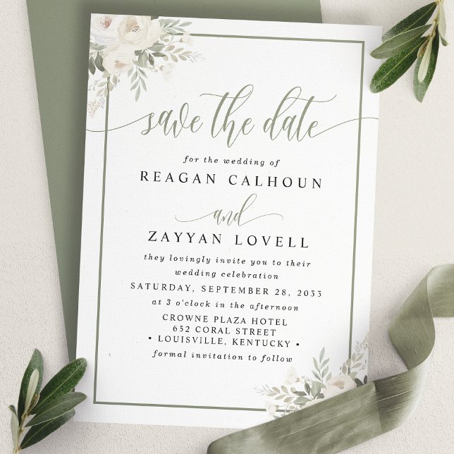 Ivory And Sage Elegant Floral Save The Date Card (Creator Uploaded)