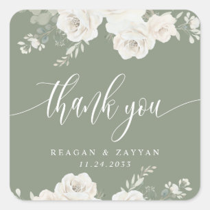 Ivory And Sage Elegant Floral Wedding Thank You Square Sticker