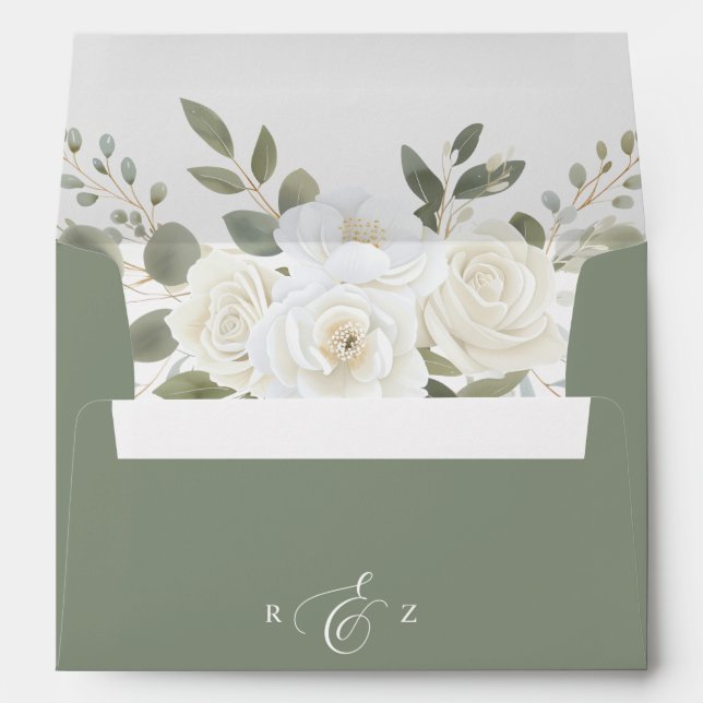 Ivory And Sage Elegant Green Floral Wedding Envelope (Back (Bottom))