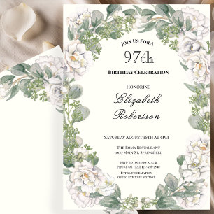 Ivory and Sage Green Floral 97th Birthday Invitation