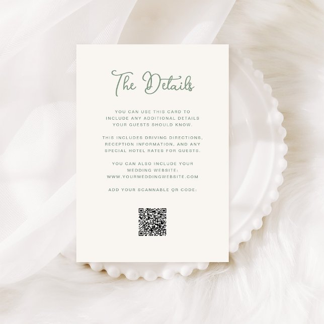 Ivory and Sage Green Wedding Guest Details QR Code Enclosure Card (An elegant, ivory cream wedding details card with sage green text and a QR code)