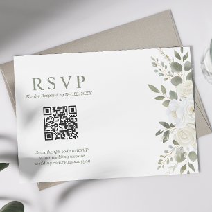 Ivory And Sage QR Code Floral Wedding RSVP Card