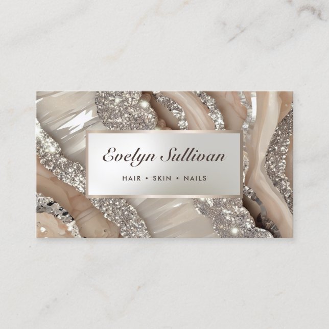 Ivory and silver glitter marble business card (Front)