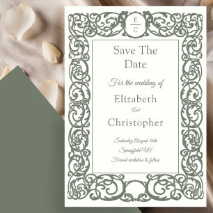 Ivory and Thyme Green Monogram Wedding RSVP Card
