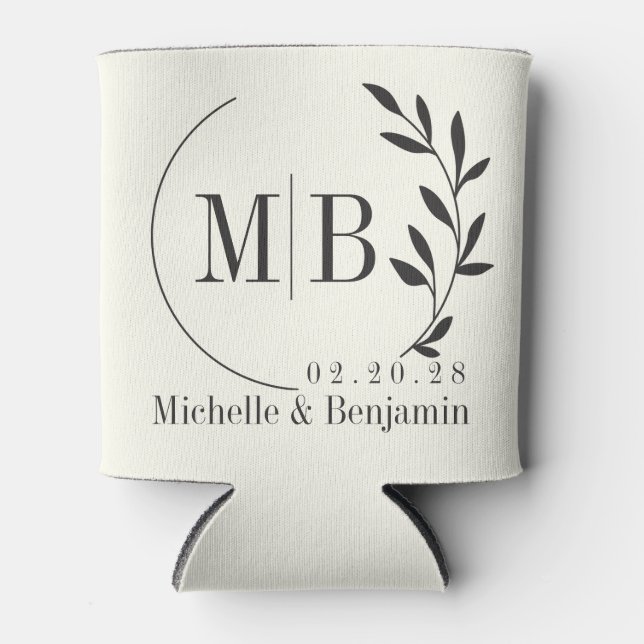 Ivory and Warm Black Leaf Wedding Monogram Can Cooler (Front)