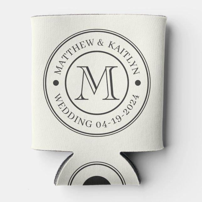 Ivory and Warm Black Wedding Monogram Can Cooler (Front)