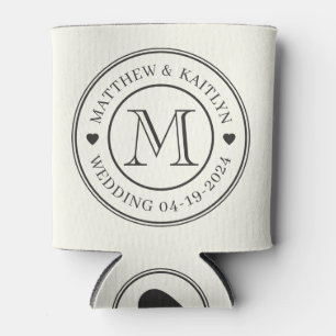 Ivory and Warm Black Wedding Monogram Heart Can Cooler