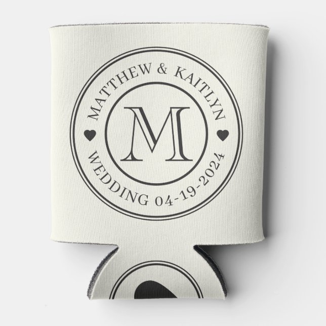 Ivory and Warm Black Wedding Monogram Heart Can Cooler (Front)