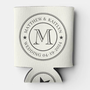 Ivory and Warm Black Wedding Monogram Star Can Cooler