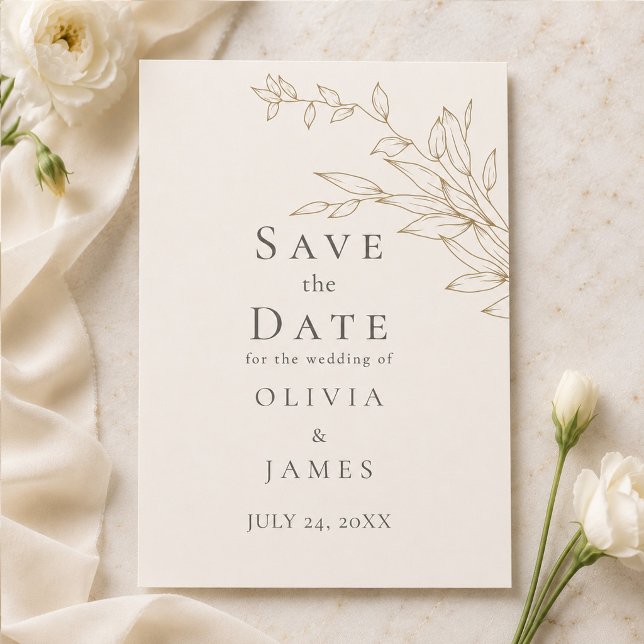 Ivory & Antique Gold Botanical Save the Date Invitation (Ivory & Antique Gold Botanical Save the Date Invitation on an elegant table with flowers)