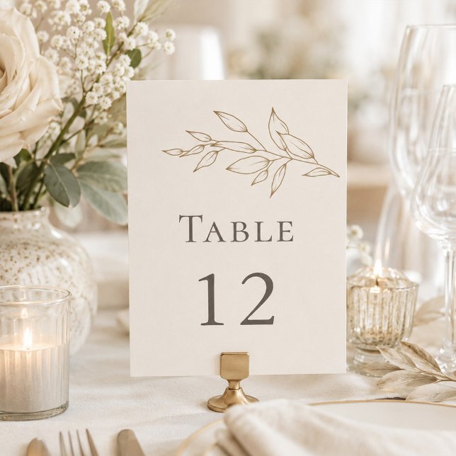 Ivory & Antique Gold Botanical Table Number (Ivory & Antique Gold Botanical Table Number on an elegant wedding dinner table with flowers)