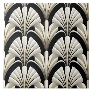 Ivory Art Deco Folded Fan Effect on Black Ceramic Tile