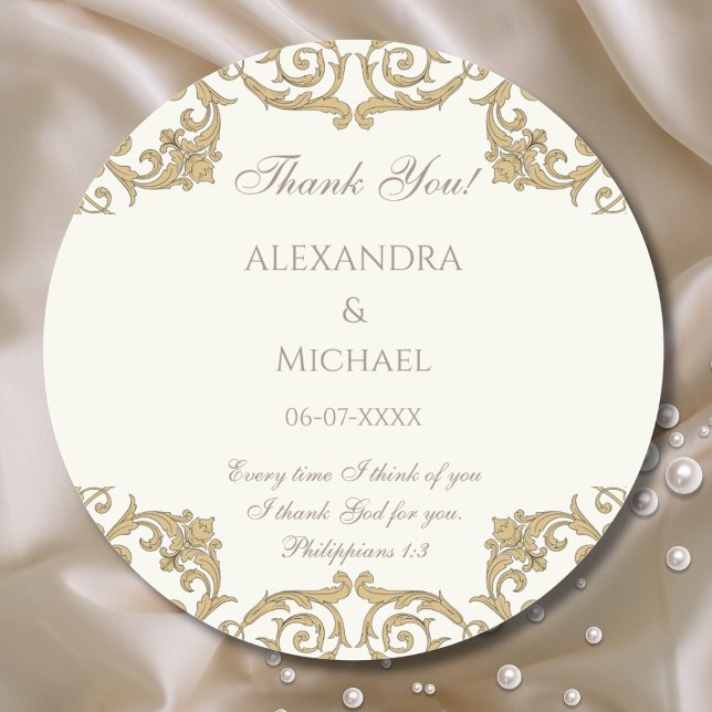 Ivory Baroque Christian Wedding Thank You  Classic Round Sticker (Creator Uploaded)
