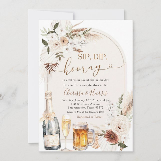 Ivory Beige Boho Sip Dip Hooray Couple Shower Invitation (Front)
