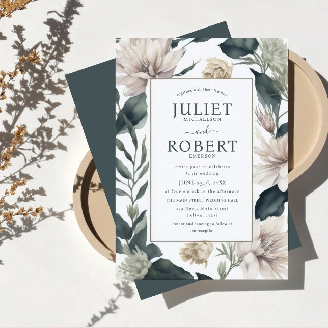 Ivory Beige  Emerald Dahlia Flowers Leaves Wedding Invitation (Creator Uploaded)