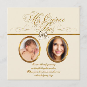 Ivory Beige Gold Photo Quinceanera Invitation