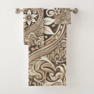 Ivory Beige Indonesian Batik Floral Pattern Boho Bath Towel Set