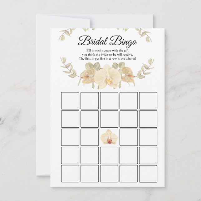 Ivory, Beige, Orchids & Eucalyptus Bridal Bingo Invitation (Front)