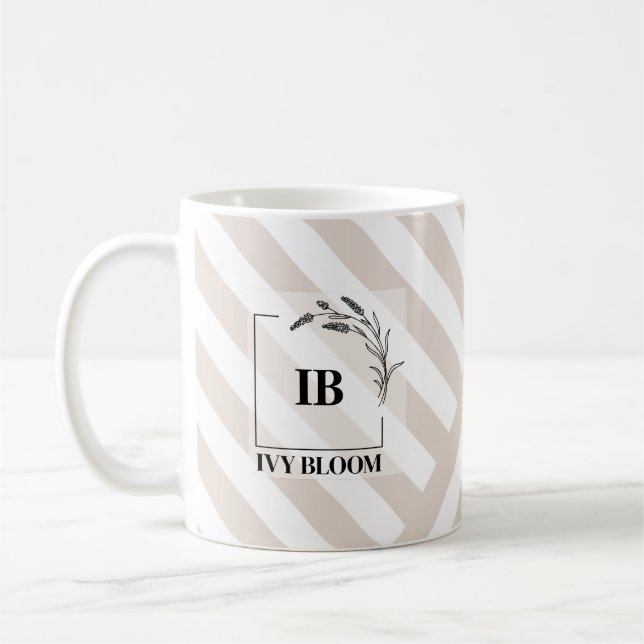 Ivory Beige Stripes Monogram Coffee Mug (Left)