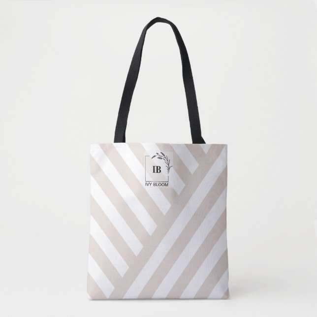 Ivory Beige Stripes Monogram Tote Bag (Front)